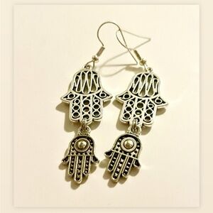 Handmade Silver Hamsa Dangle Earrings - Ethnic Charm